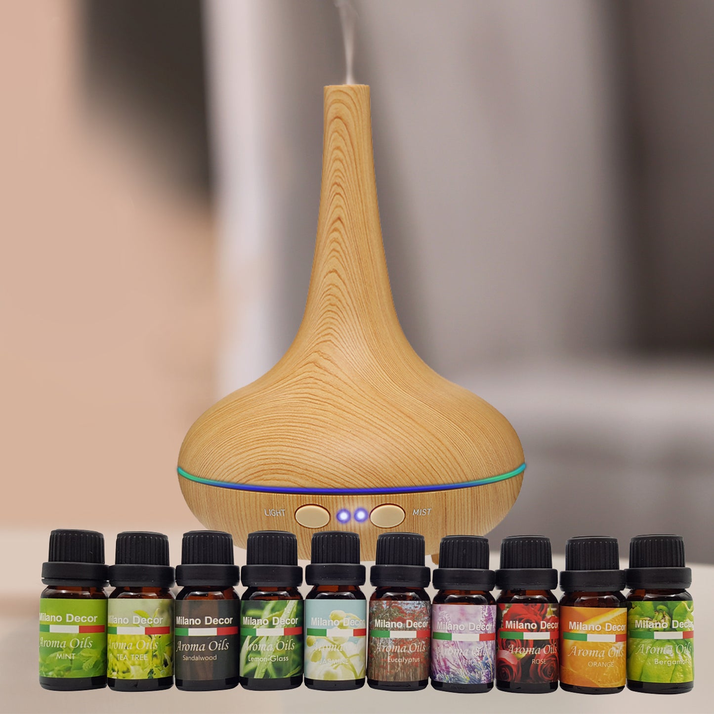 Milano Aroma Diffuser Set With 13 Pack Diffuser Oils Humidifier Aromatherapy - Light Wood