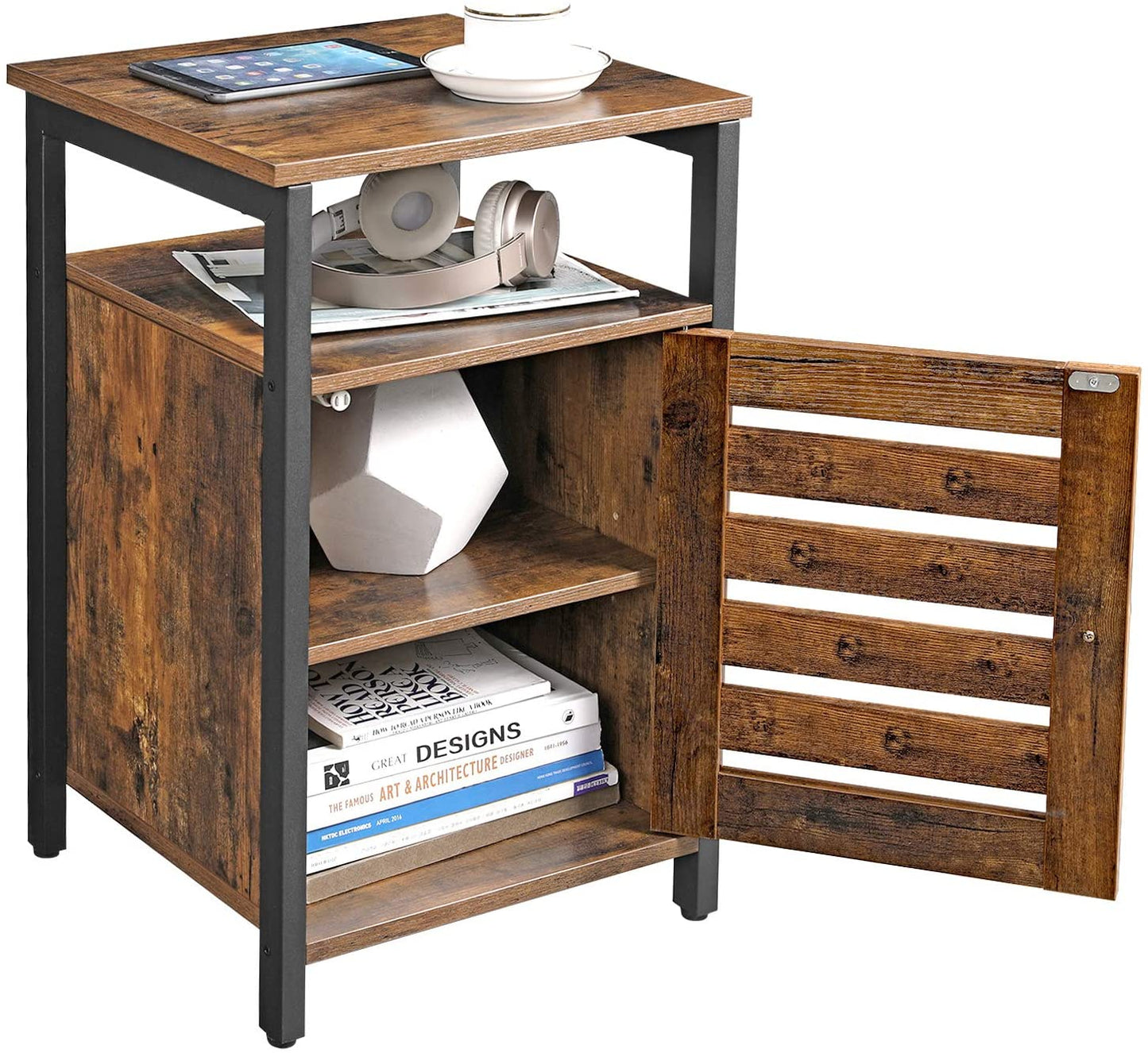 Bedside Table with 2 Adjustable Shelves Steel Frame 40 x 40 x 60 cm Rustic Brown and Black