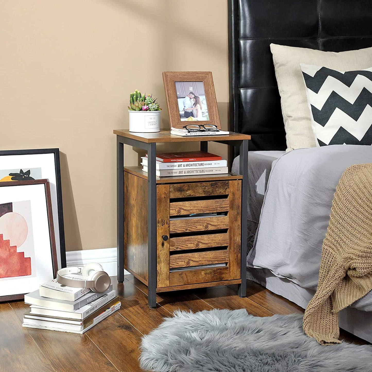 Bedside Table with 2 Adjustable Shelves Steel Frame 40 x 40 x 60 cm Rustic Brown and Black