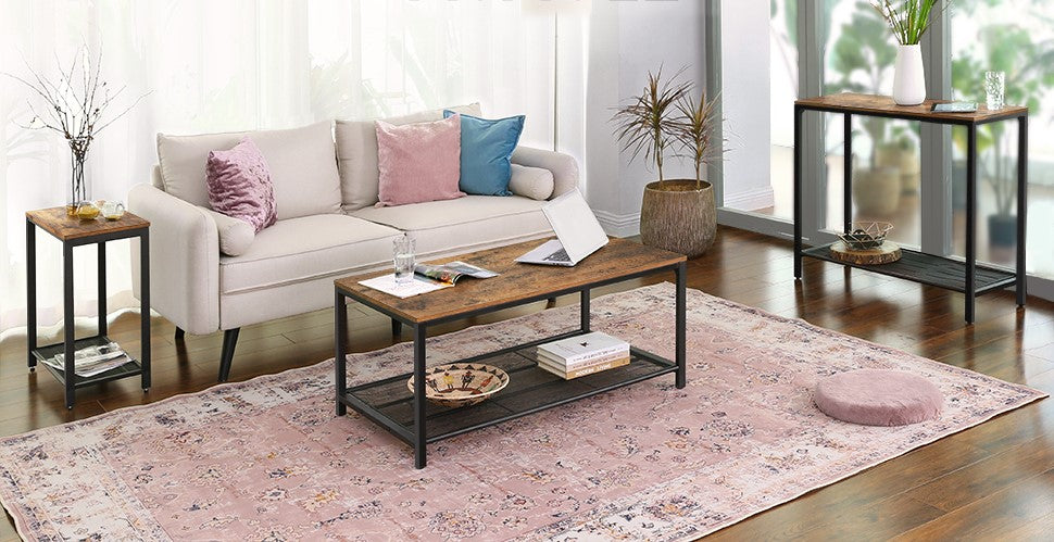 Coffee Table with Dense Mesh Shelf Rustic Brown