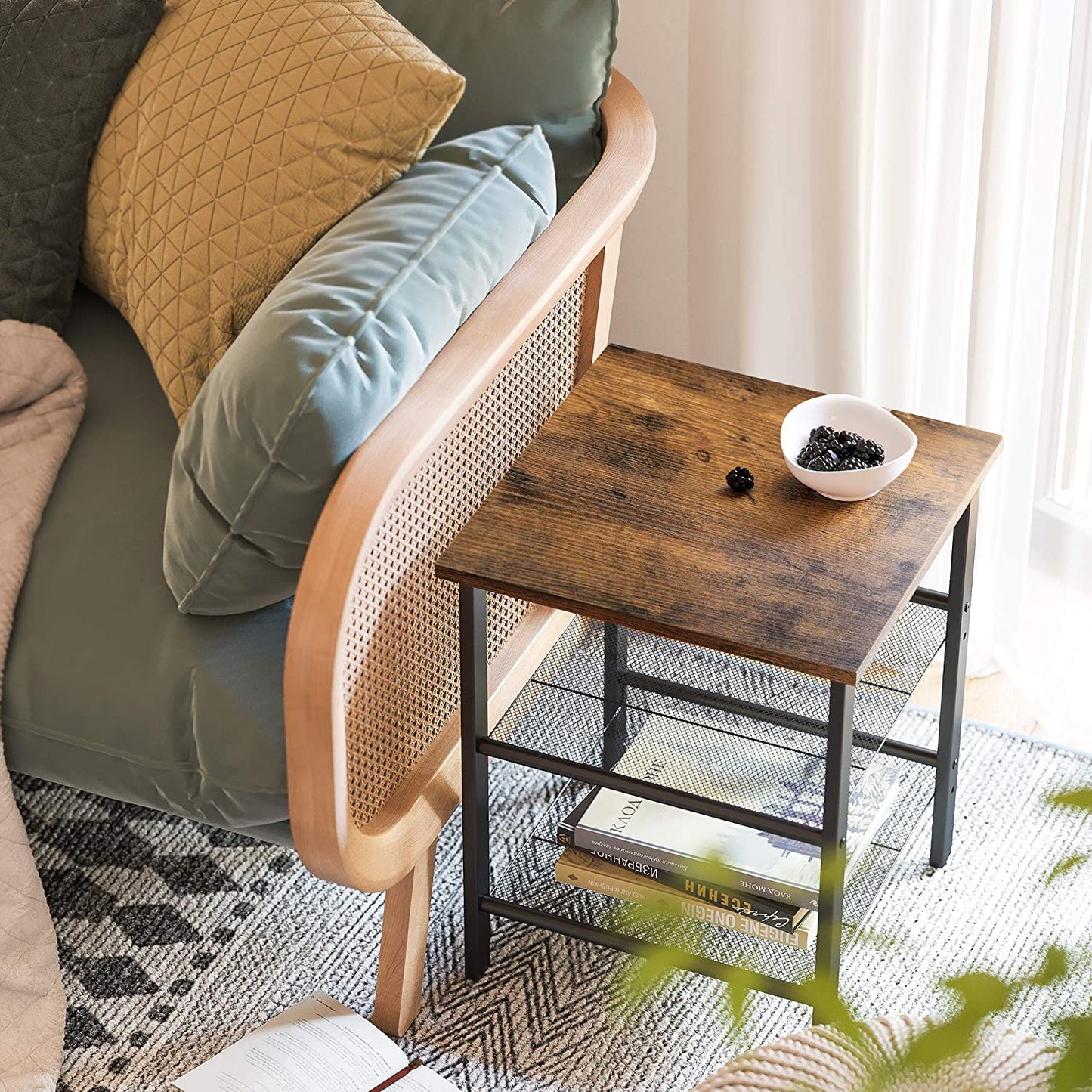 Industrial Set of 2 Bedside Tables with Adjustable Mesh Shelves Rustic Brown and Black