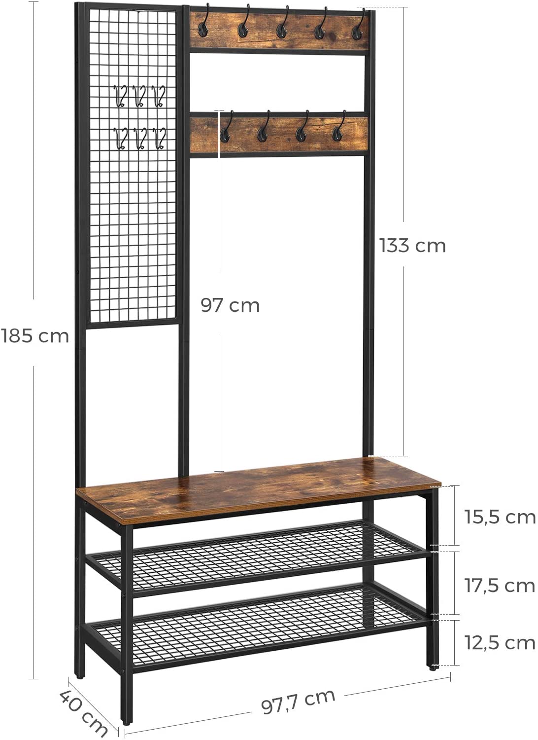 Coat Rack Stand Industrial Style with Grid Wall and Shoe storage 185 cm Tall Rustic Brown