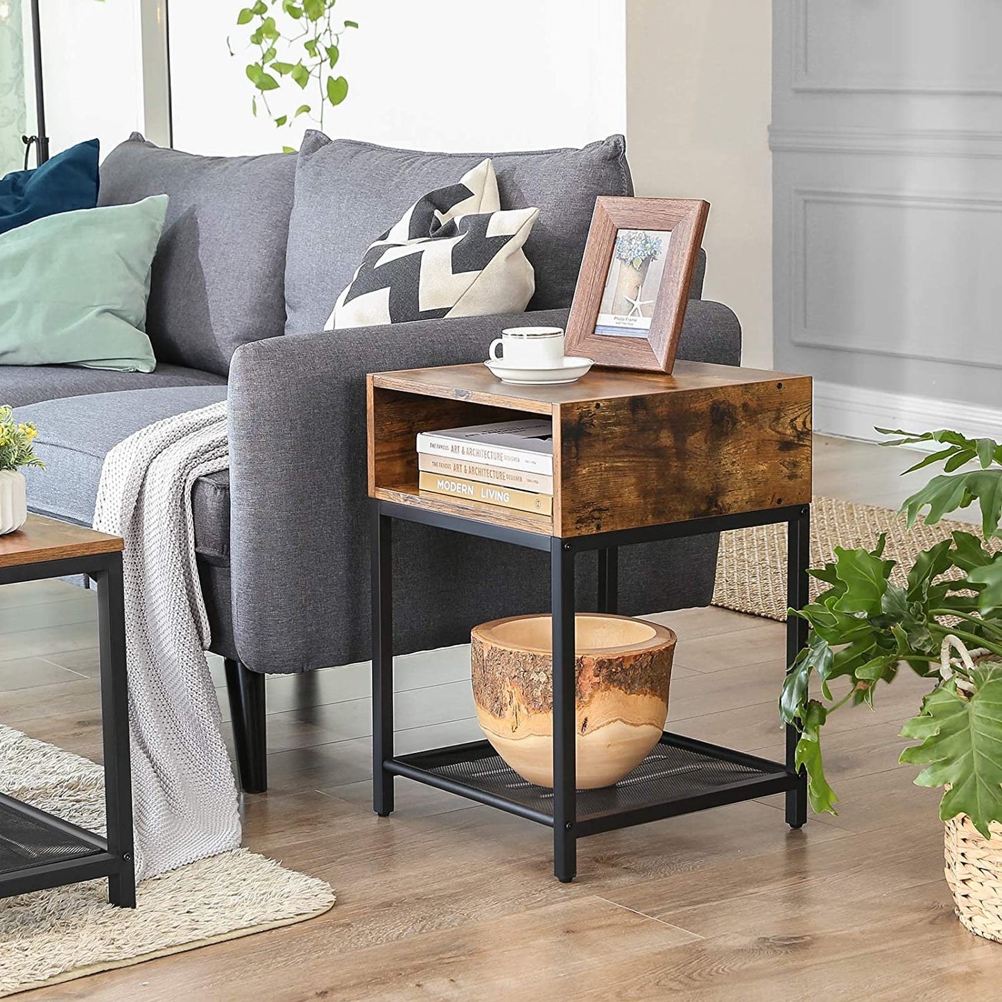 Side Table with Open Compartment and Mesh Shelf Rustic Brown and Black