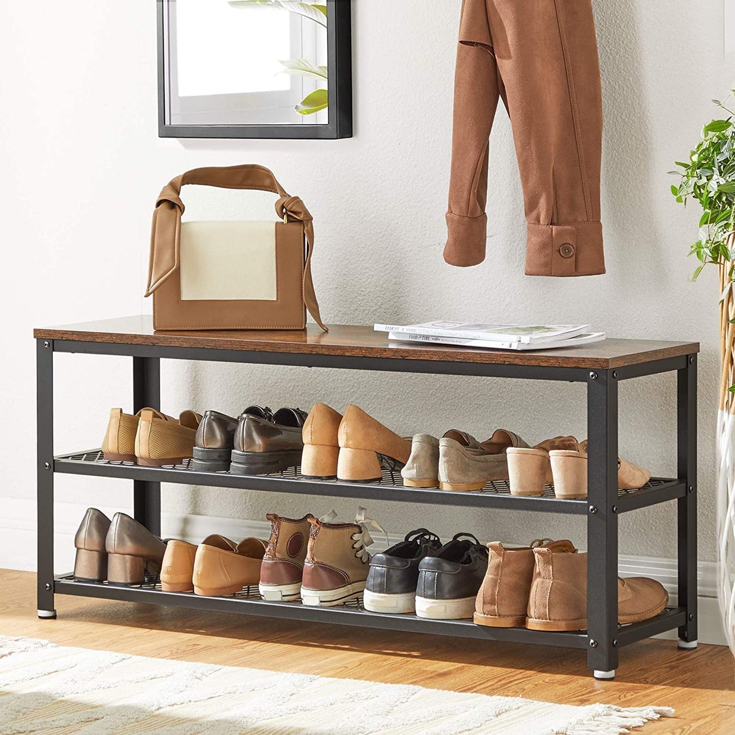 Shoe Rack with 2 Shelves 100 x 30 x 45 cm Rustic Brown and Black