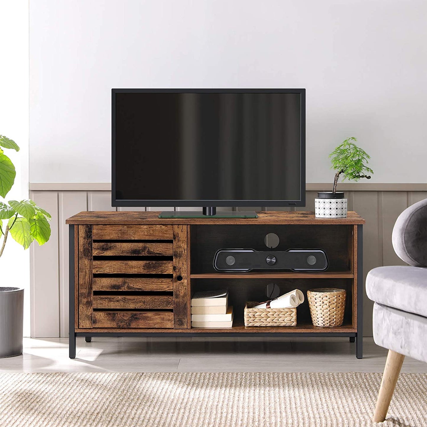 TV Cabinet for up to 127cm TVs with Louvred Door 2 Shelves for Living Room and Bedroom Rustic Brown and Black