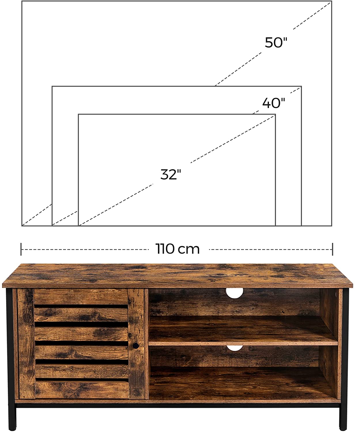 TV Cabinet for up to 127cm TVs with Louvred Door 2 Shelves for Living Room and Bedroom Rustic Brown and Black