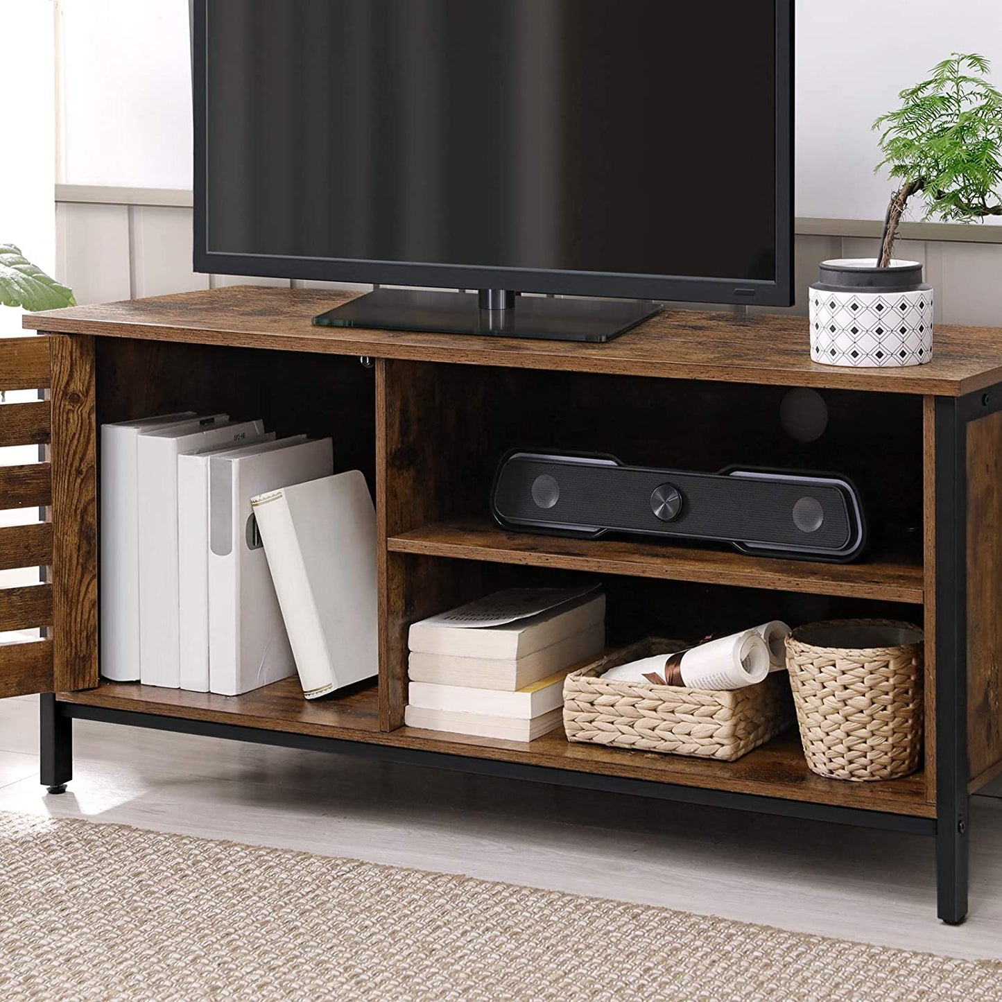 TV Cabinet for up to 127cm TVs with Louvred Door 2 Shelves for Living Room and Bedroom Rustic Brown and Black