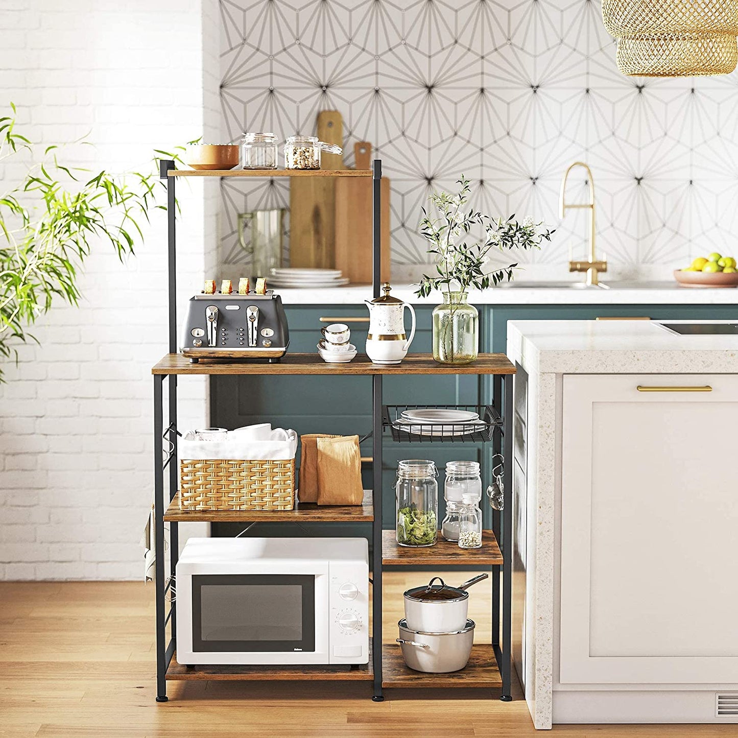 Kithcen Baker's Rack with Shelves Microwave Stand with Wire Basket and 6 S-Hooks Rustic Brown