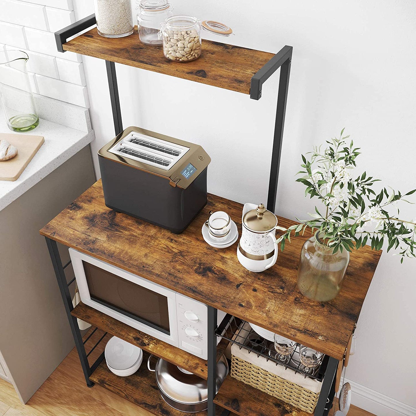 Kithcen Baker's Rack with Shelves Microwave Stand with Wire Basket and 6 S-Hooks Rustic Brown