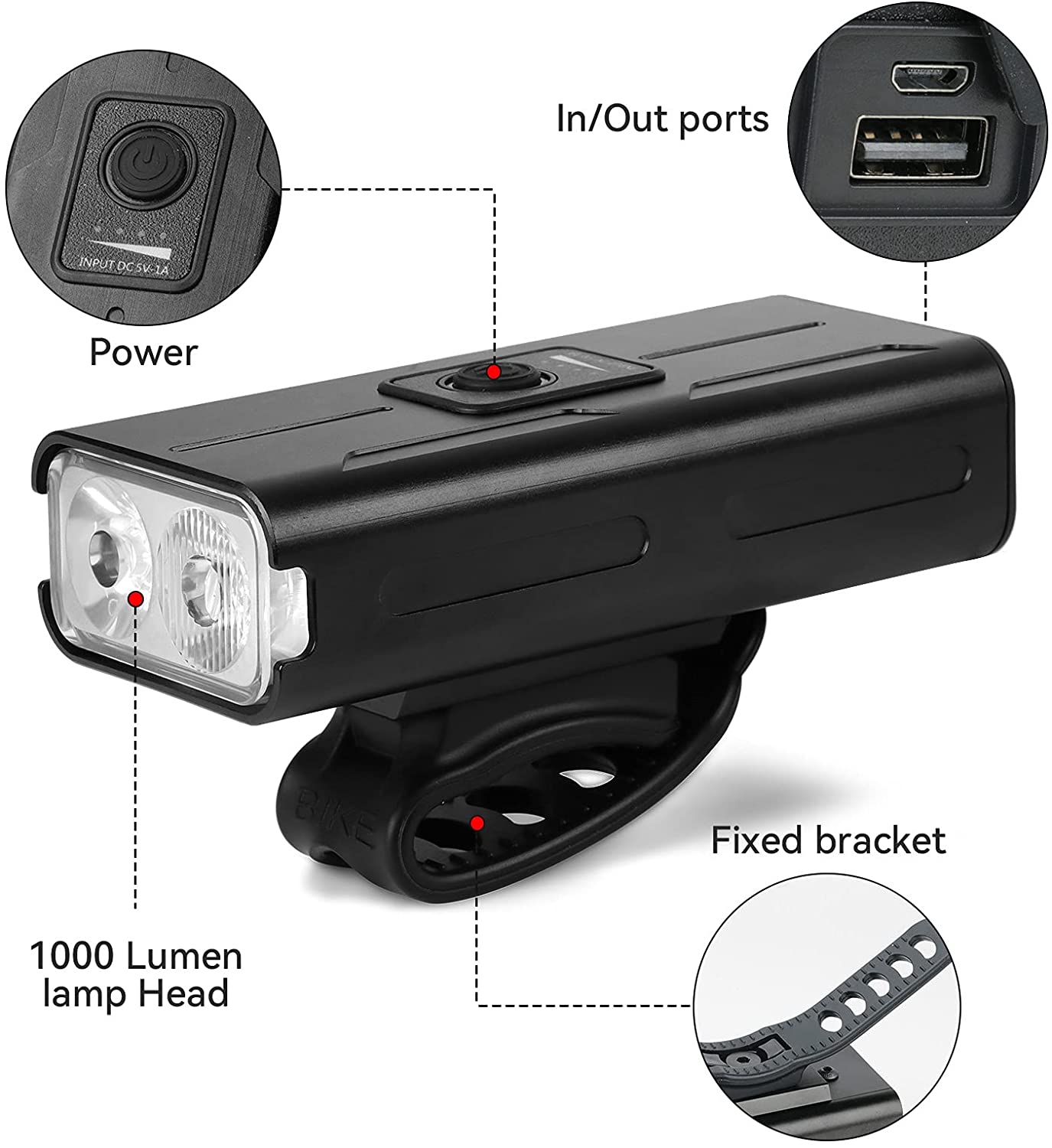 Bike 360 Light Front USB Rechargeable 1000 Lumen IPX4 Waterproof and Built in 2500mAh Powerbank Led Bicycle Lighting