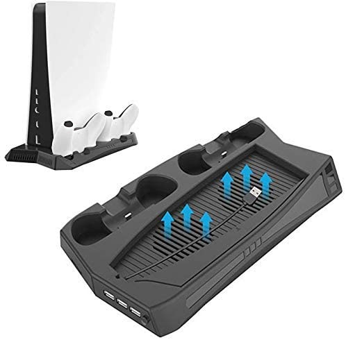 Vertical Stand Cooling/Charging Station for PS5 with Dual Controller Charger and Bonus Game Rack Storage 3 USB Ports