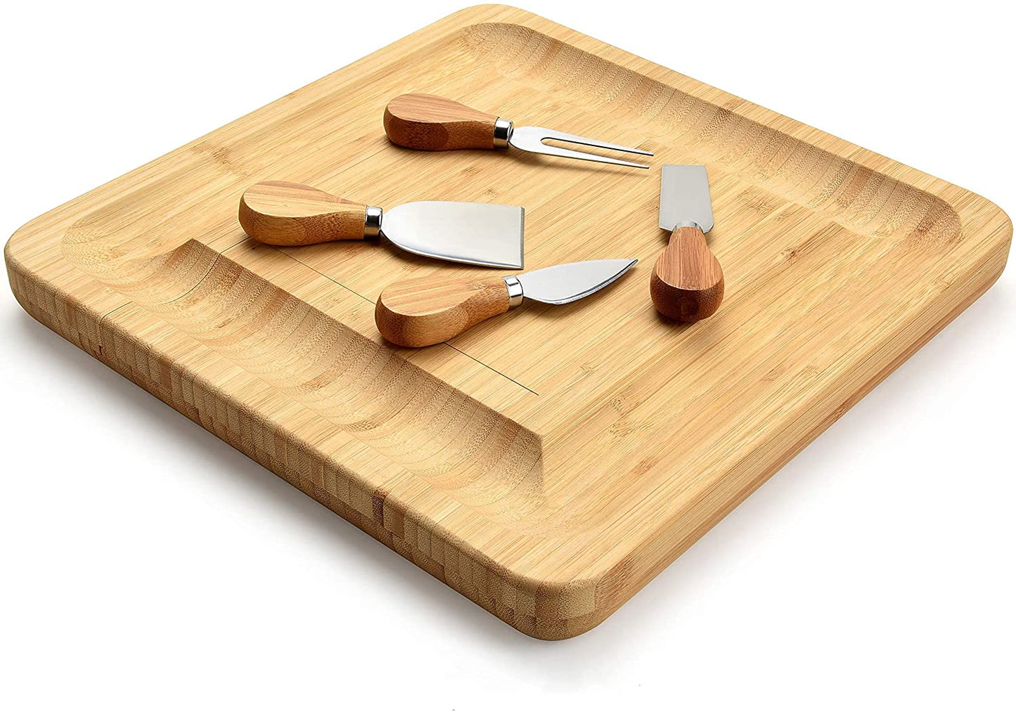 VIKUS Bamboo Cheese Board Set with Cutlery in Slide-Out Drawer Including 4 Stainless Steel Serving Utensils