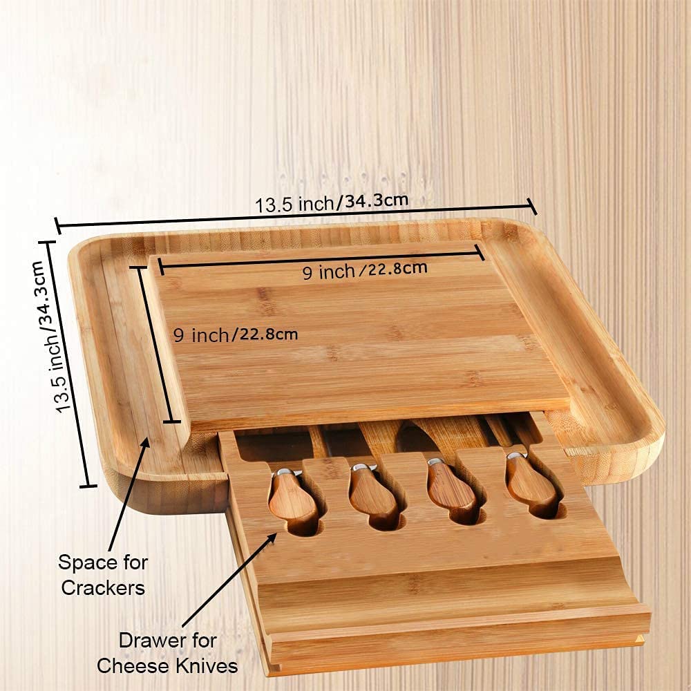 VIKUS Bamboo Cheese Board Set with Cutlery in Slide-Out Drawer Including 4 Stainless Steel Serving Utensils