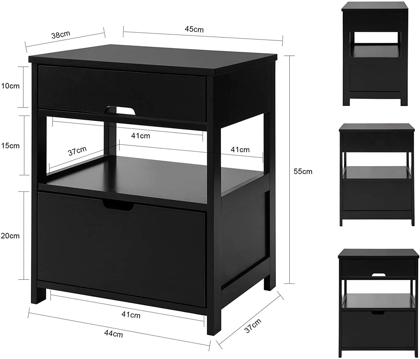 CARLA HOME Black Bedside Table with 2 Drawers