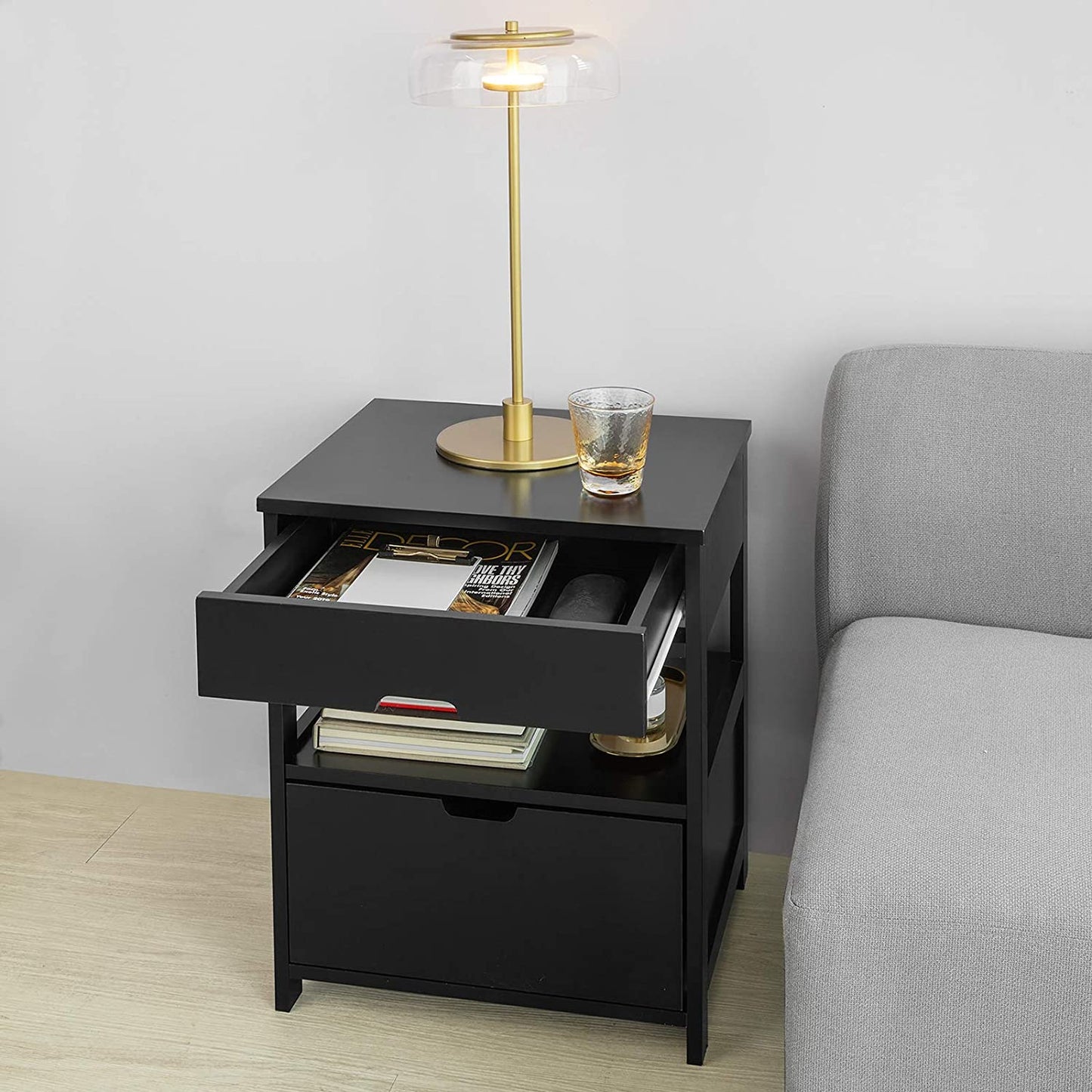 CARLA HOME Black Bedside Table with 2 Drawers