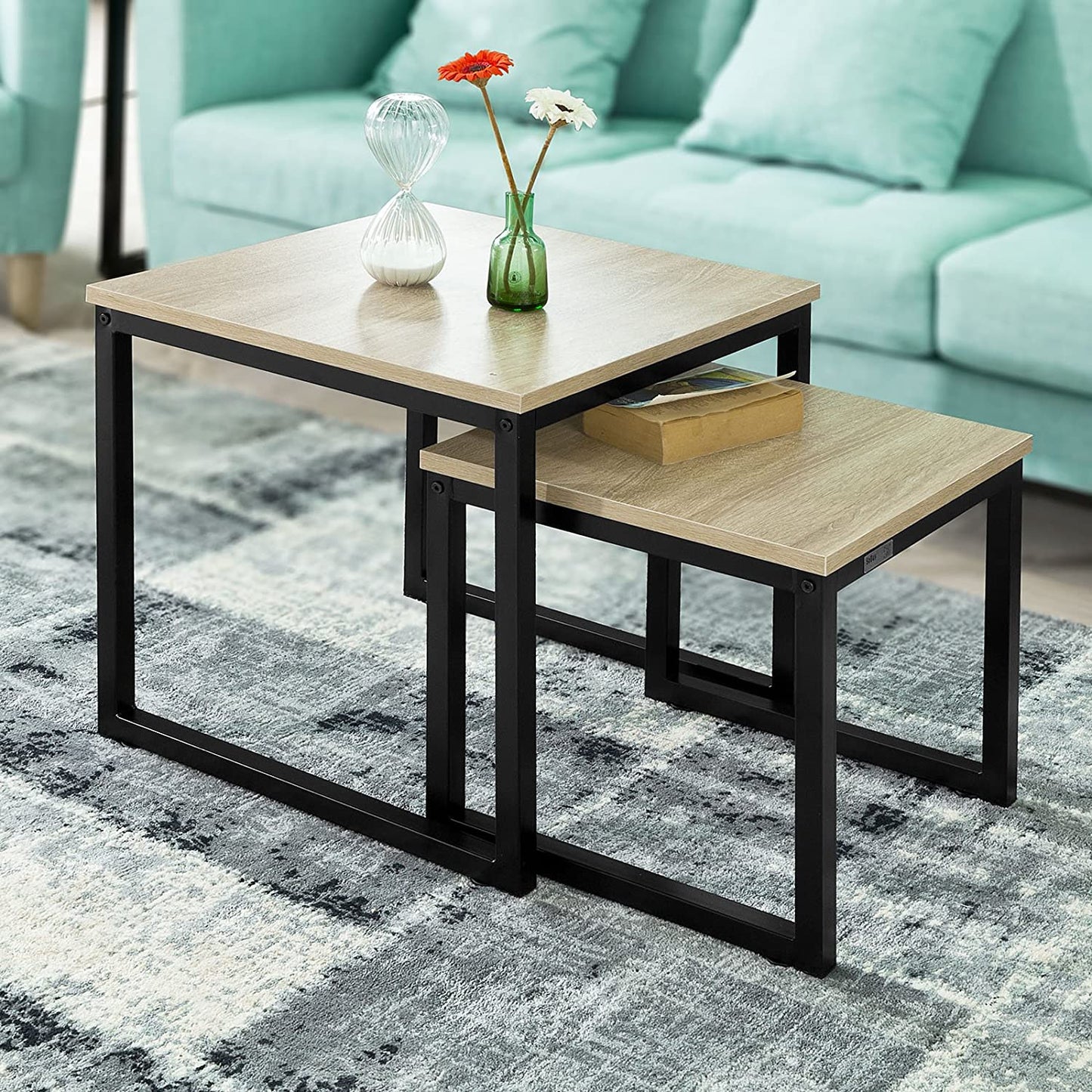 Set of 2 Modern Coffee Tables with Wood top panel and Steel framework