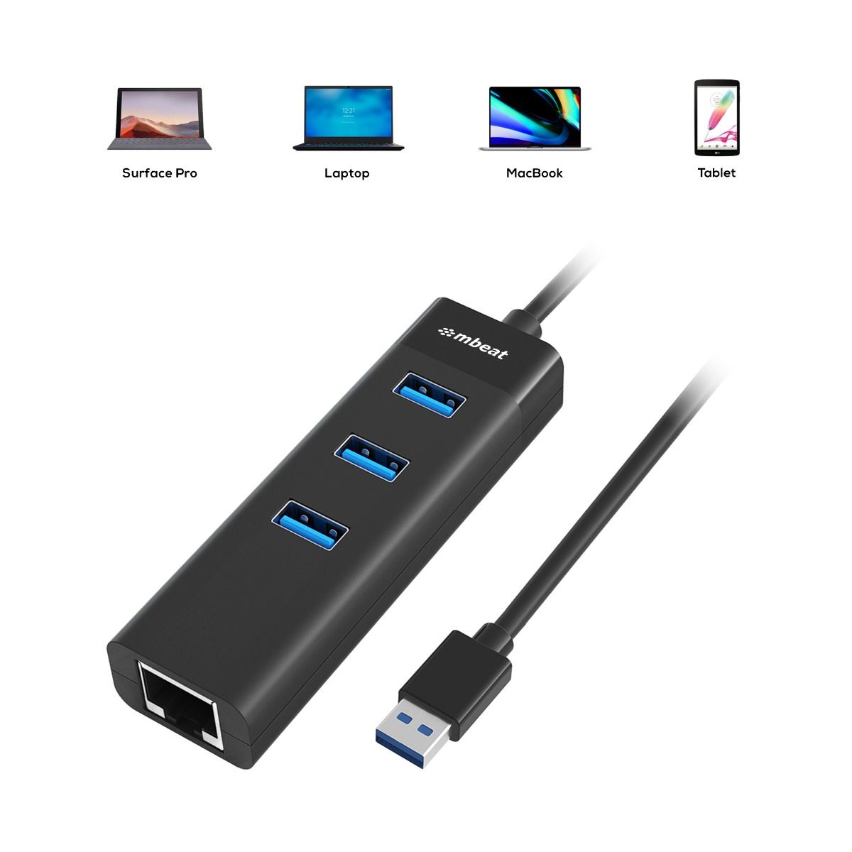 mbeat 3-Port USB 3.0 Hub & Gigabit LAN Ethernet - Black