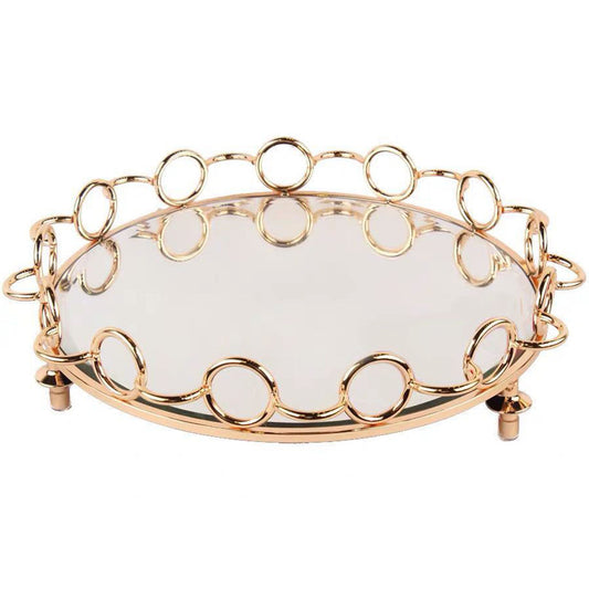 SOGA 38cm Bronze-Colored Round Mirror Glass Metal Tray Vanity Makeup Perfume Jewelry Organiser with Handles