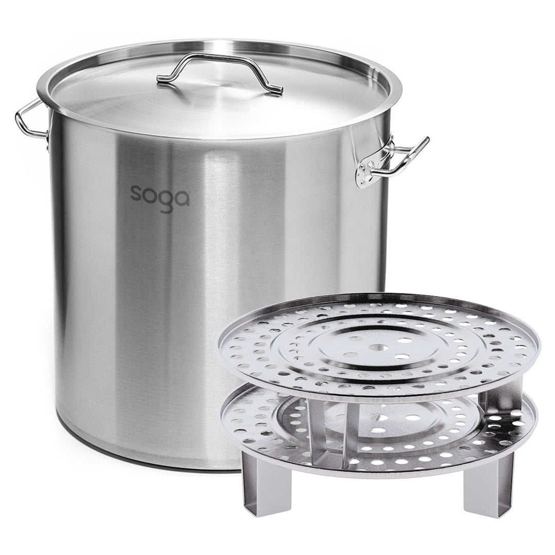 SOGA 50L Stainless Steel Stock Pot with Two Steamer Rack Insert Stockpot Tray