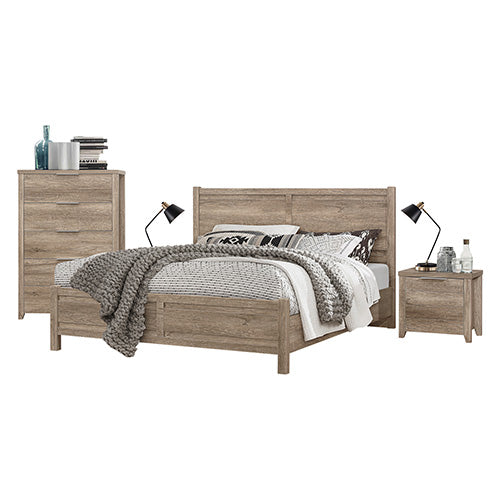 Alice 5 Pieces Bedroom Suite Natural Wood Like MDF Structure King Size Oak Colour Bed, Bedside Table, Tallboy & Dresser