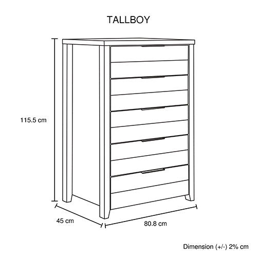 Alice 5 Pieces Bedroom Suite Natural Wood Like MDF Structure King Size Oak Colour Bed, Bedside Table, Tallboy & Dresser