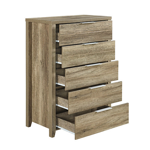 Alice 5 Pieces Bedroom Suite Natural Wood Like MDF Structure Queen Size Oak Colour Bed, Bedside Table, Tallboy & Dresser