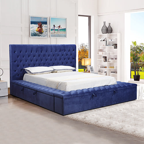 King Size Storage Bed Frame Elegant Luxury Velvet in Navy Blue Colour