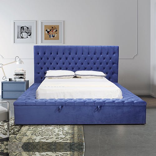 King Size Storage Bed Frame Elegant Luxury Velvet in Navy Blue Colour