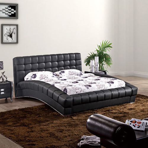 Designer Bed in Faux Leather Queen Size Stainless Steel Curved Side Black Colour with Metal Frame