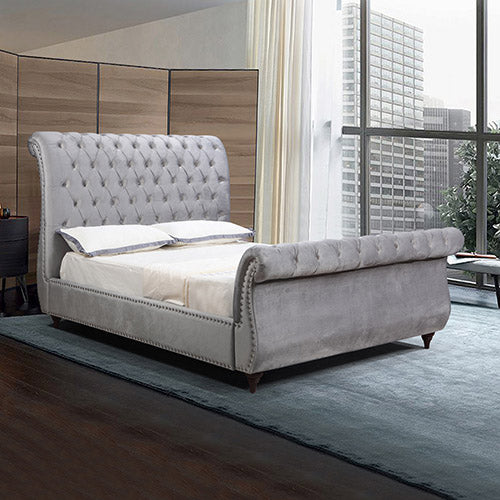 King Bed Frame Upholstery Velvet Fabric in Grey with Tufted Headboard Sleigh Bed