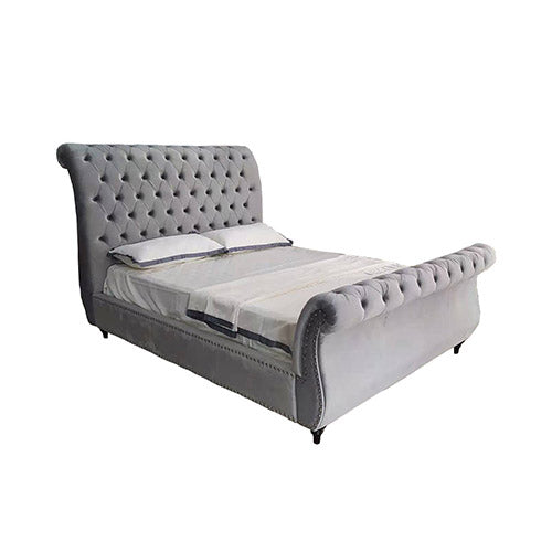 King Bed Frame Upholstery Velvet Fabric in Grey with Tufted Headboard Sleigh Bed