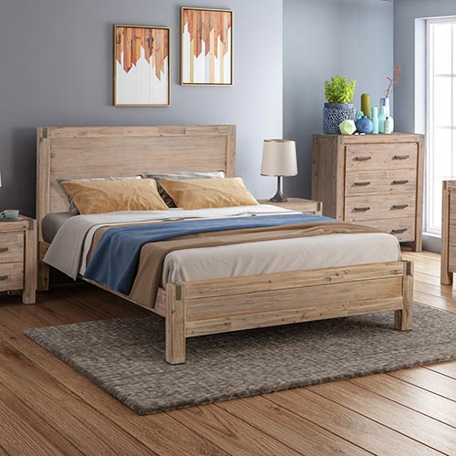 Double size Bed Frame in Solid Acacia Wood with Medium High Headboard in Oak Colour