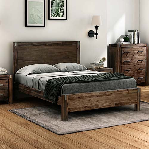 King size Bed Frame in Solid Acacia Wood with Medium High Headboard in Chocolate Colour