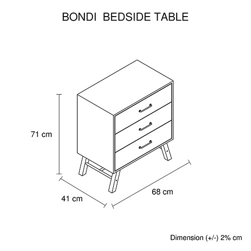 Bondi 3 drawers Bedside Table Ozzy Colour