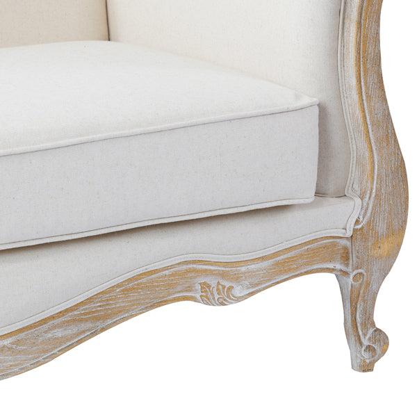 Oak Wood White Washed Finish Rolled Armrest 3+1+1 Seater Sofa Set Linen Fabric