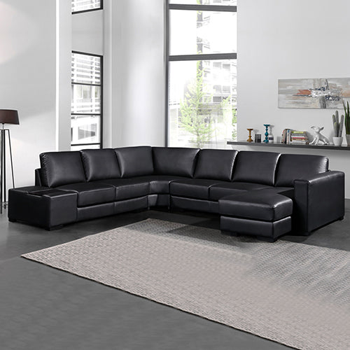 Lounge Set Luxurious 6 Seater Bonded Leather Corner Sofa Living Room Couch in Black with Chaise