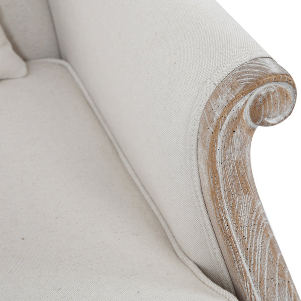 Oak Wood White Washed Finish Rolled Armrest 1 Seater Sofa Linen Fabric