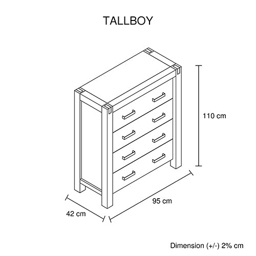 Tallboy with 4 Storage Drawers Assembled in Chocolate Colour Solid Wooden