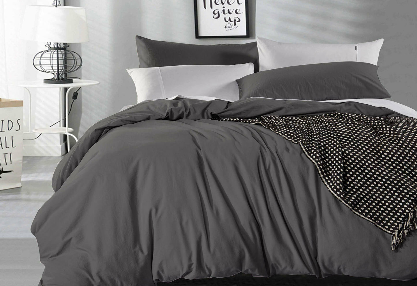 Luxton King Size Charcoal Vintage Washed Cotton Quilt Cover Set(3PCS)