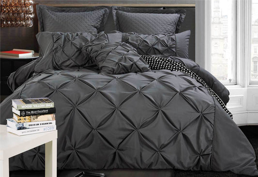 Luxton Queen Size Charcoal Diamond Pintuck Quilt Cover Set(3PCS)