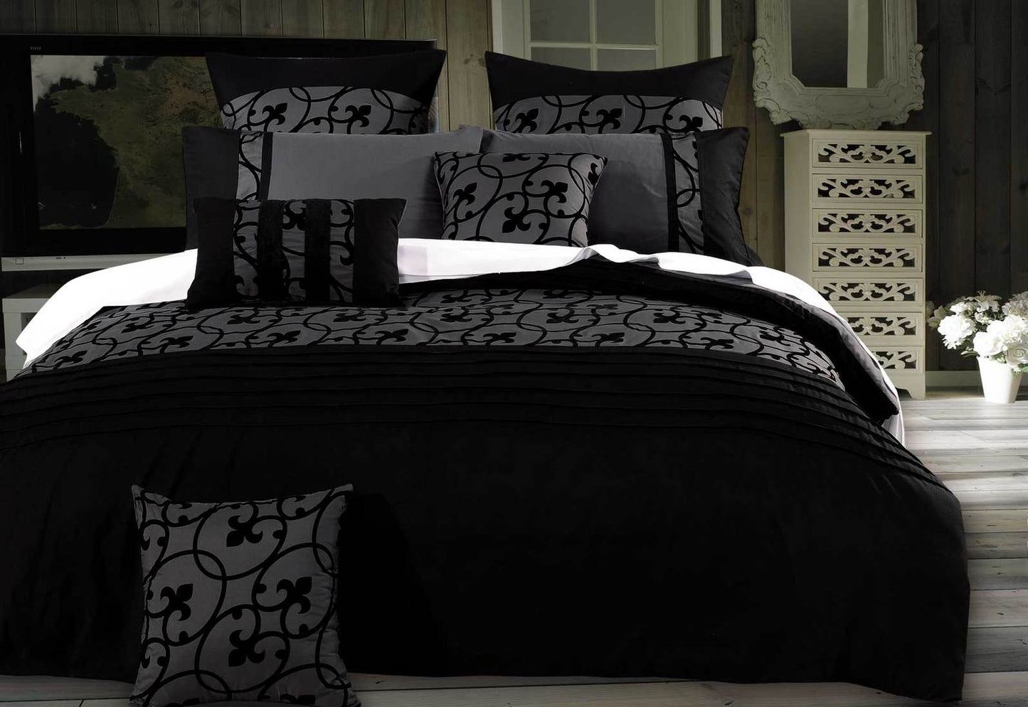 Luxton King Size Charcoal Black Flocking Like Quilt Cover Set(3PCS)