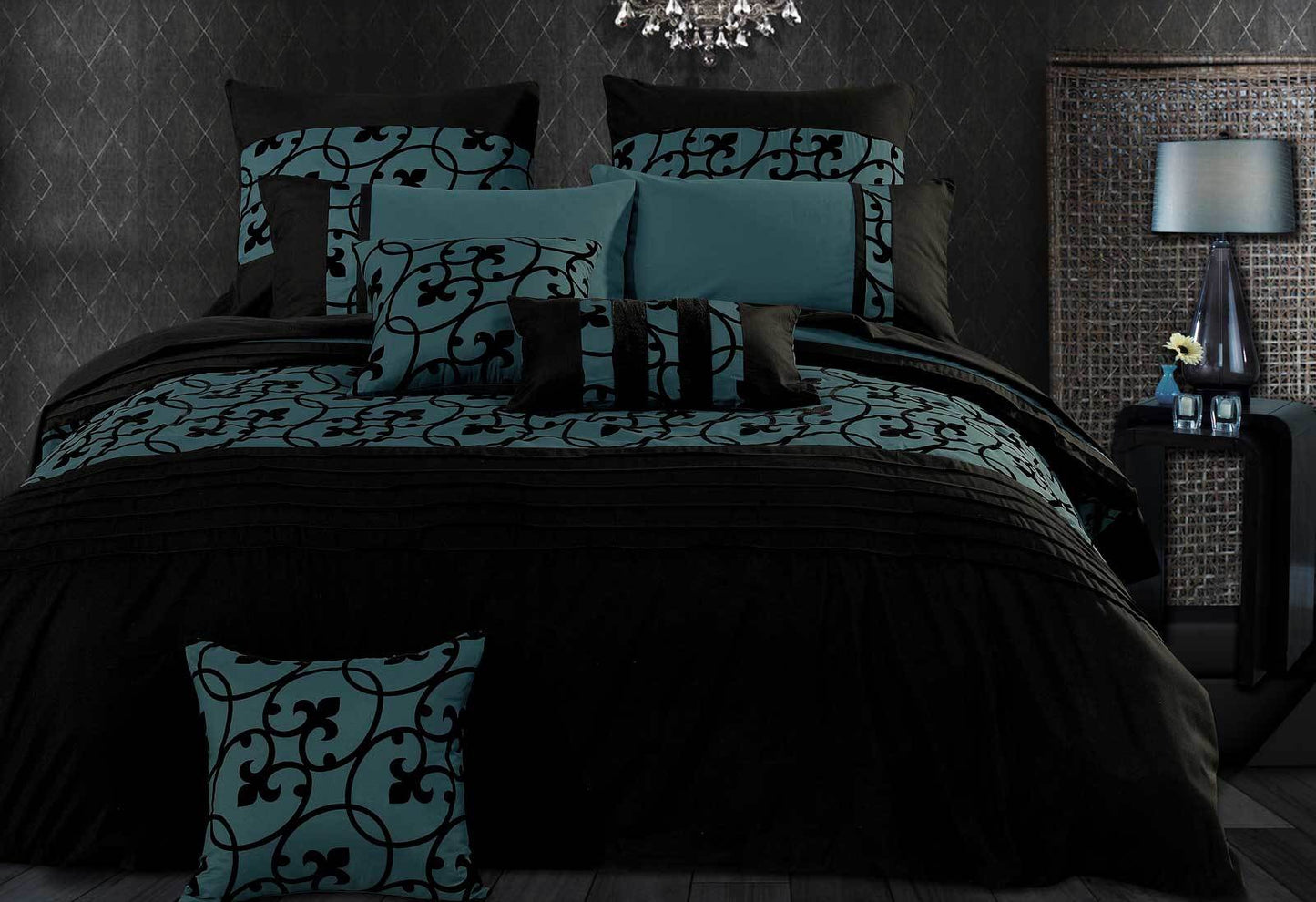 Luxton Queen Size Dark Teal Black Flocking Quilt Cover Set(3PCS)