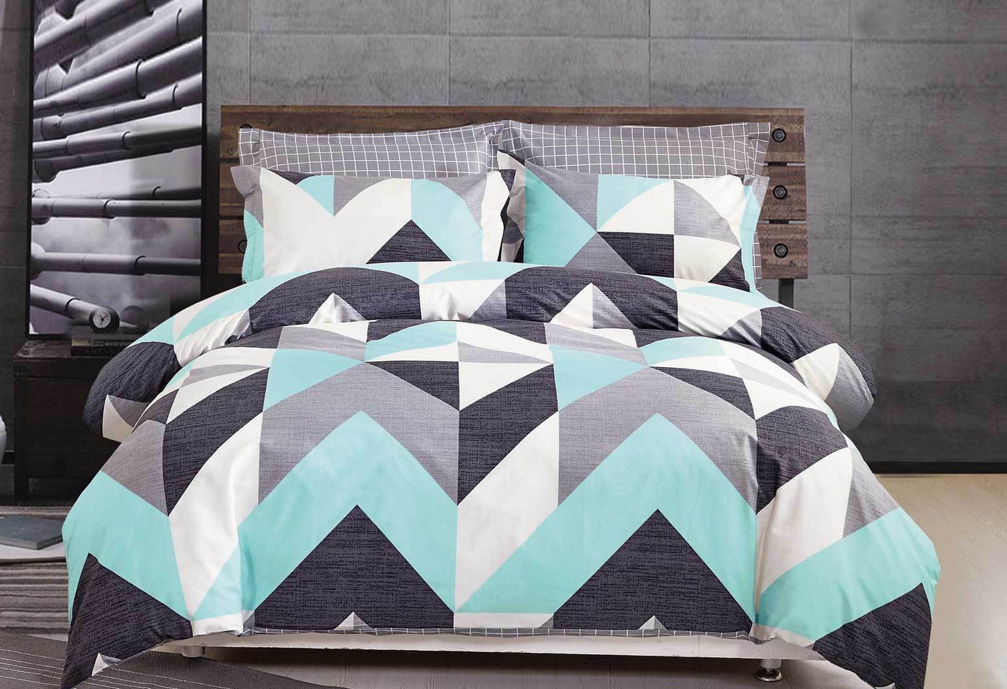 Luxton King Size Cotton Aqua Zig Zag Quilt Cover Set (3PCS)