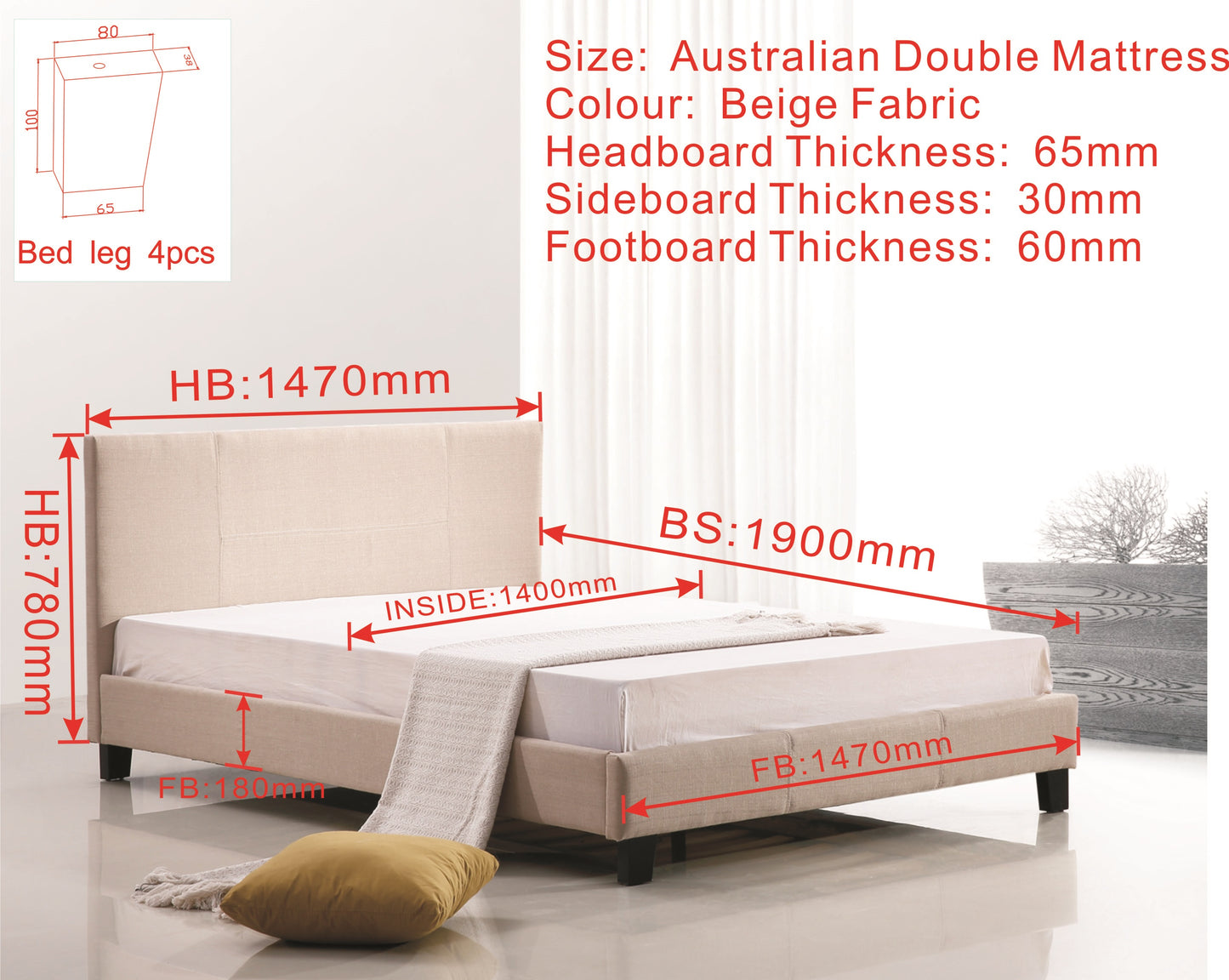 Double Linen Fabric Bed Frame Beige