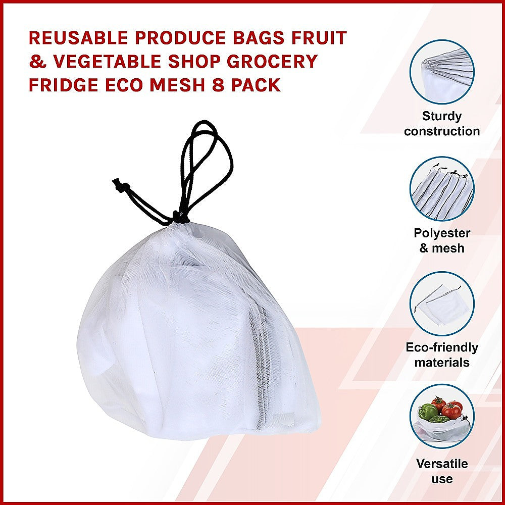 Reusable Produce Bags Fruit & Vegetable Shop Grocery Fridge Eco Mesh 8 Pack