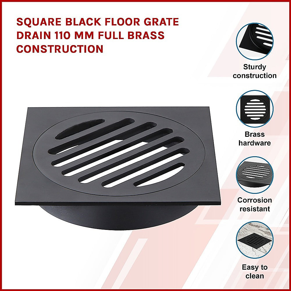 Square Black Floor Grate Drain 110 mm Full Brass Construction