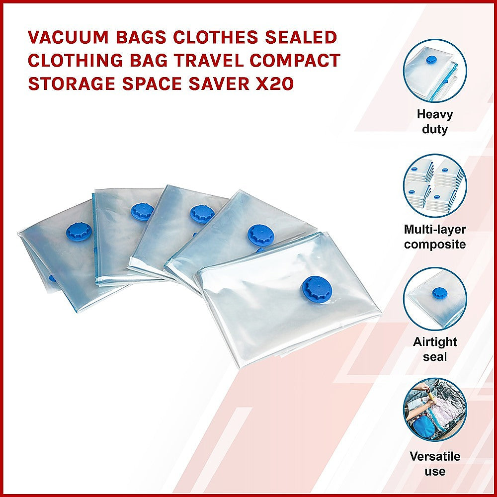 Vacuum Bags Clothes Sealed Clothing Bag Travel Compact Storage Space Saver x 20