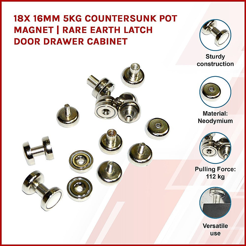 18 x 16mm 5kg Countersunk Pot Magnet | Rare Earth Latch Door Drawer Cabinet