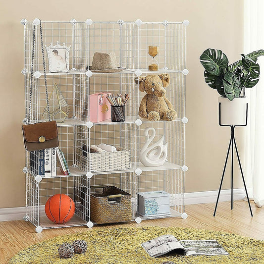 12 Cube Wire Grid Organiser Bookcase Storage Cabinet Wardrobe Closet White