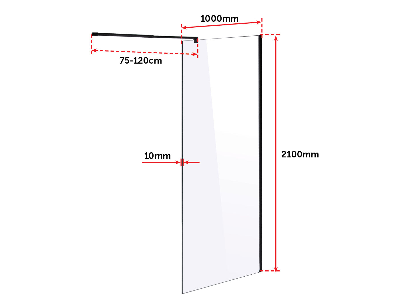 1000 x 2100mm Frameless 10mm Safety Glass Shower Screen